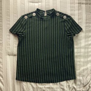 Cable and Gauge petite striped tee with metal buttons on shoulder and open back.